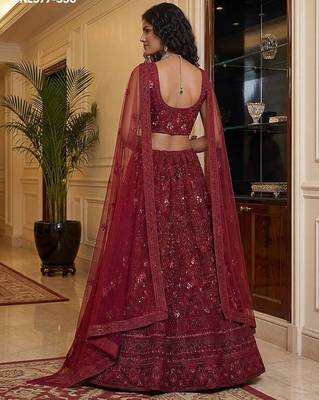 maroon net embroidered lehenga choli 3