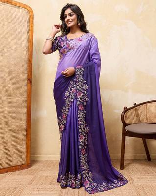 Purple ombre color embroidery  work star georgette party wear saree with heavy work  blouse piece 1