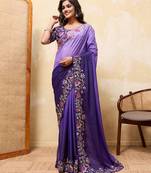 Purple ombre color embroidery  work star georgette party wear saree with heavy work  blouse piece