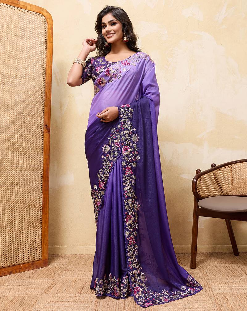 Purple ombre color embroidery  work star georgette party wear saree with heavy work  blouse piece
