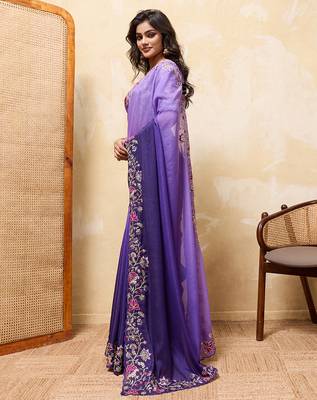Purple ombre color embroidery  work star georgette party wear saree with heavy work  blouse piece 2