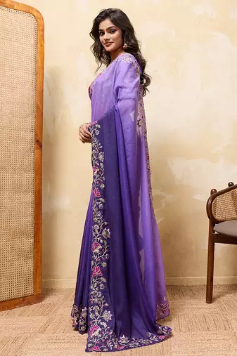 Purple ombre color embroidery  work star georgette party wear saree with heavy work  blouse piece