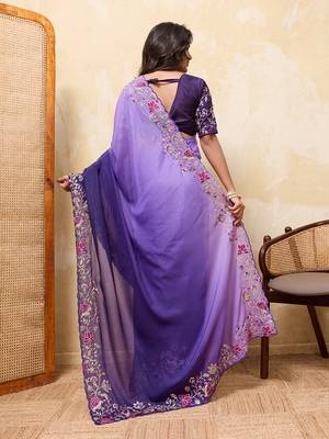Purple ombre color embroidery  work star georgette party wear saree with heavy work  blouse piece 3