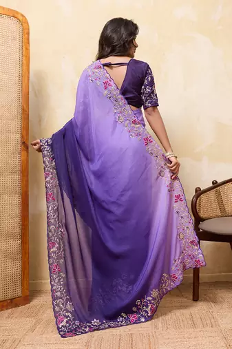 Purple ombre color embroidery  work star georgette party wear saree with heavy work  blouse piece