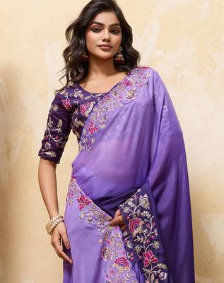 Purple ombre color embroidery  work star georgette party wear saree with heavy work  blouse piece 4