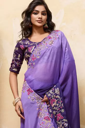 Purple ombre color embroidery  work star georgette party wear saree with heavy work  blouse piece