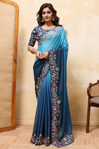 Teal ombre color embroidery  work star georgette party wear saree with heavy work  blouse piece