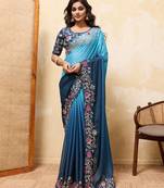 Teal ombre color embroidery  work star georgette party wear saree with heavy work  blouse piece