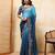 Teal ombre color embroidery  work star georgette party wear saree with heavy work  blouse piece