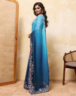 Teal ombre color embroidery  work star georgette party wear saree with heavy work  blouse piece 2