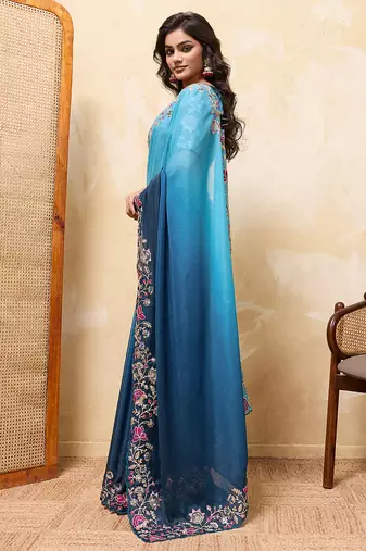 Teal ombre color embroidery  work star georgette party wear saree with heavy work  blouse piece