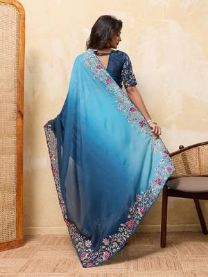 Teal ombre color embroidery  work star georgette party wear saree with heavy work  blouse piece 3