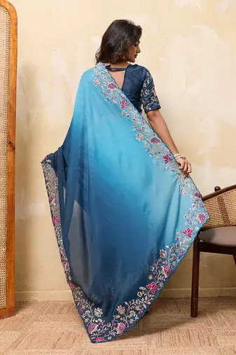 Teal ombre color embroidery  work star georgette party wear saree with heavy work  blouse piece