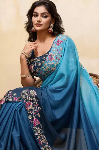 Teal ombre color embroidery  work star georgette party wear saree with heavy work  blouse piece