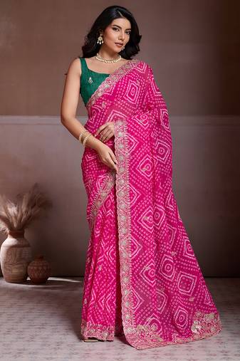 Pink color georgette bandhej embroidery work saree with work blouse piece