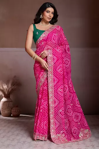 Pink color georgette bandhej embroidery work saree with work blouse piece