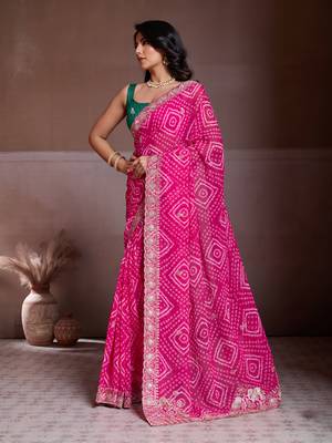 Pink color georgette bandhej embroidery work saree with work blouse piece 2