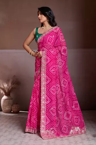 Pink color georgette bandhej embroidery work saree with work blouse piece