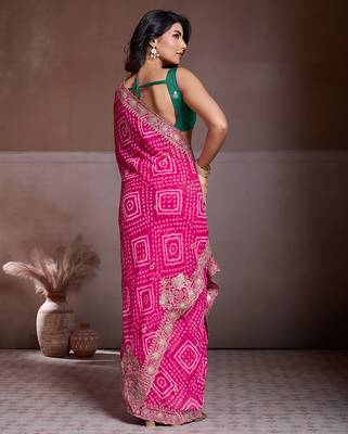 Pink color georgette bandhej embroidery work saree with work blouse piece 3