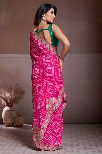 Pink color georgette bandhej embroidery work saree with work blouse piece