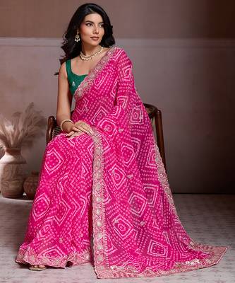 Pink color georgette bandhej embroidery work saree with work blouse piece 4