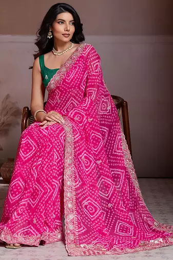 Pink color georgette bandhej embroidery work saree with work blouse piece