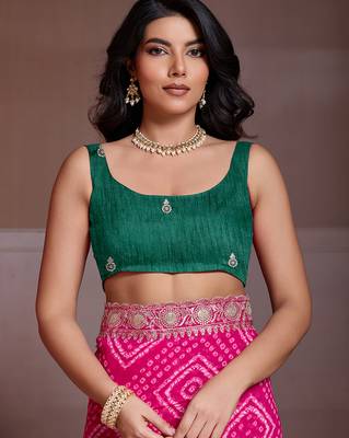 Pink color georgette bandhej embroidery work saree with work blouse piece 5