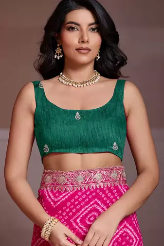 Pink color georgette bandhej embroidery work saree with work blouse piece