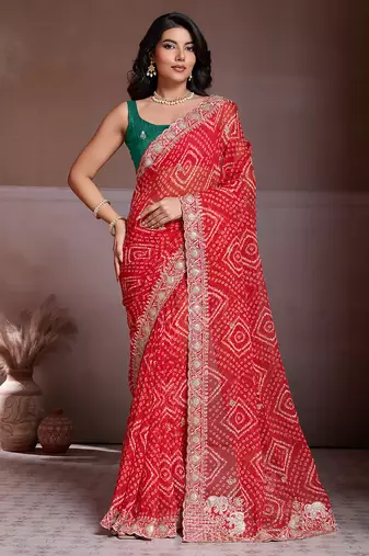 Red color georgette bandhej embroidery work saree with work blouse piece