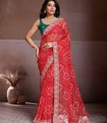 Red color georgette bandhej embroidery work saree with work blouse piece