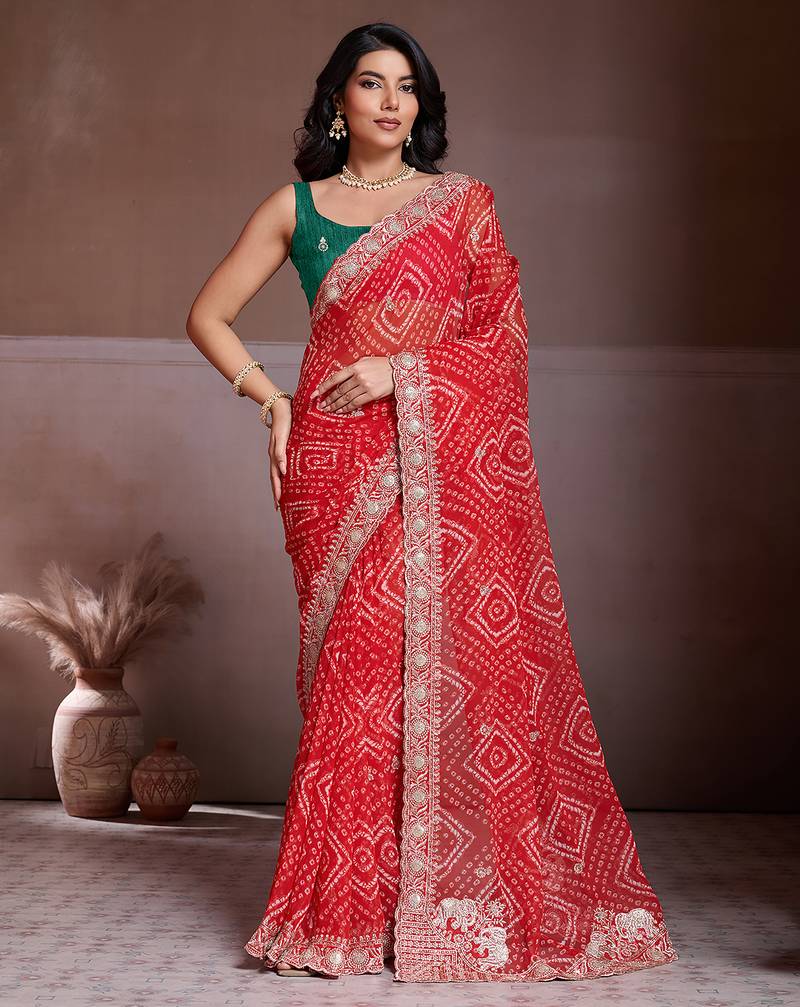 Red color georgette bandhej embroidery work saree with work blouse piece