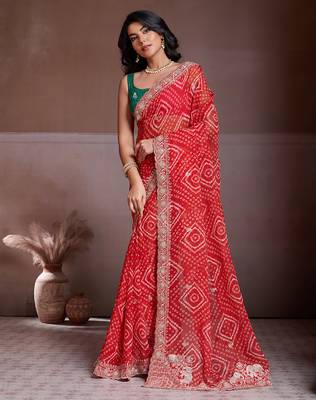 Red color georgette bandhej embroidery work saree with work blouse piece 2