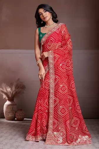 Red color georgette bandhej embroidery work saree with work blouse piece