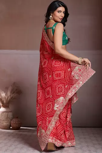 Red color georgette bandhej embroidery work saree with work blouse piece