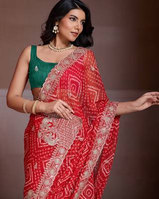 Red color georgette bandhej embroidery work saree with work blouse piece 4