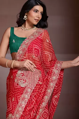 Red color georgette bandhej embroidery work saree with work blouse piece
