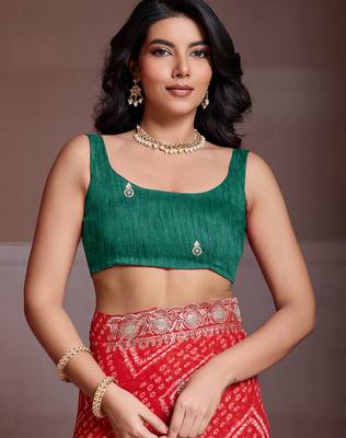 Red color georgette bandhej embroidery work saree with work blouse piece 5