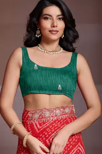 Red color georgette bandhej embroidery work saree with work blouse piece