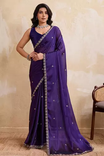 Purple color silk party wear saree with plain blouse piece