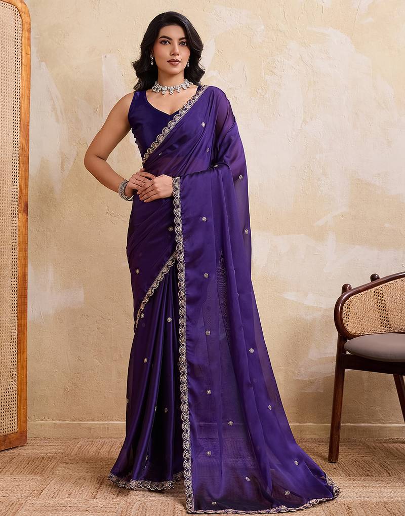 Purple color silk party wear saree with plain blouse piece