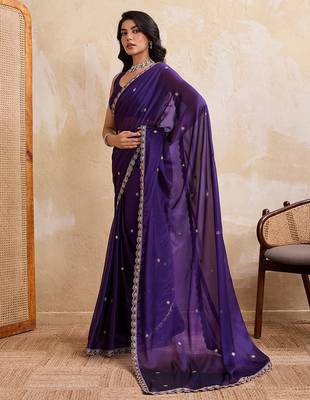 Purple color silk party wear saree with plain blouse piece 2