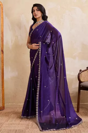 Purple color silk party wear saree with plain blouse piece