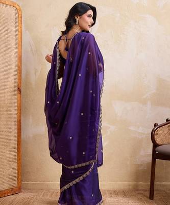 Purple color silk party wear saree with plain blouse piece 3