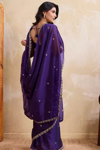 Purple color silk party wear saree with plain blouse piece