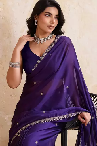 Purple color silk party wear saree with plain blouse piece