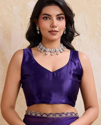 Purple color silk party wear saree with plain blouse piece 5