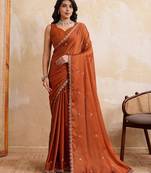 Rust color  silk party wear saree with plain blouse piece