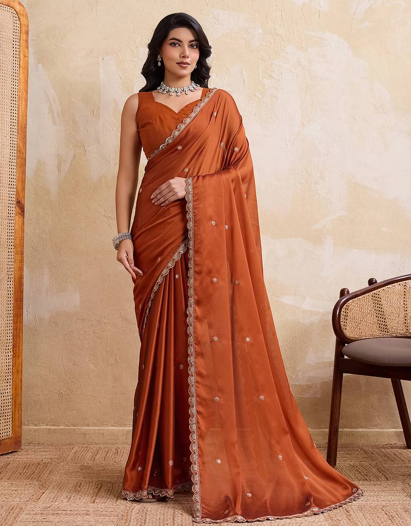 Rust color  silk party wear saree with plain blouse piece
