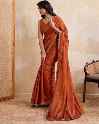 Rust color  silk party wear saree with plain blouse piece 2