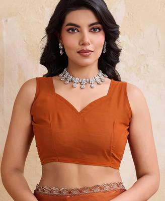 Rust color  silk party wear saree with plain blouse piece 5